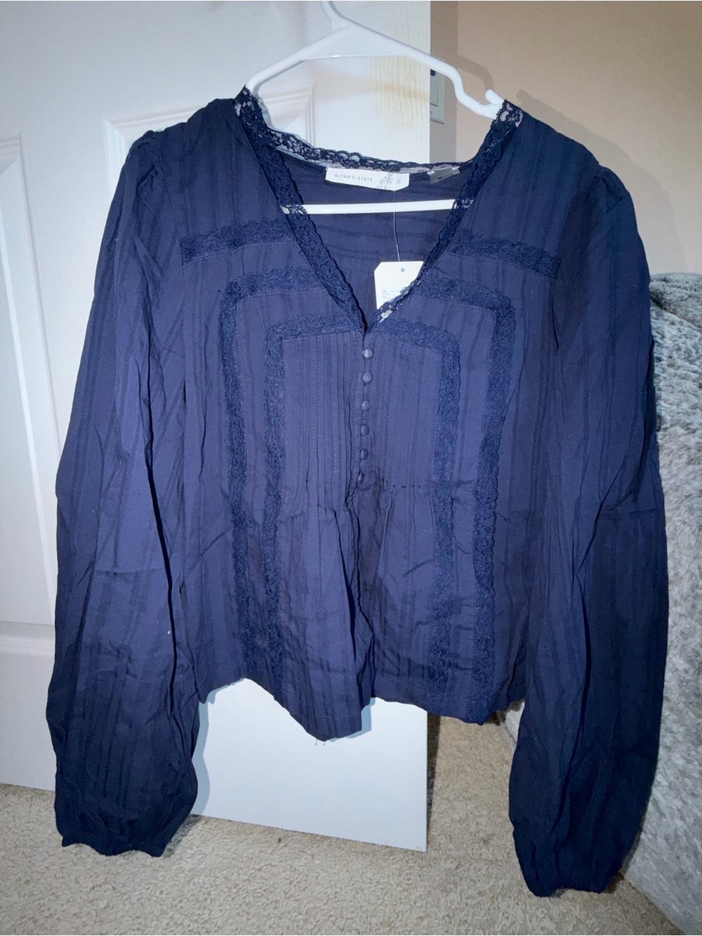 Altar'd State Navy Lace-Trim V-Neck Peasant Blouse